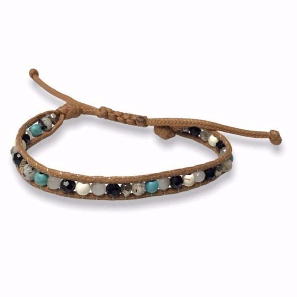 Beaded Cord Bracelet Brown Multicolored Stones Adjustable Slide Knot Jewelry